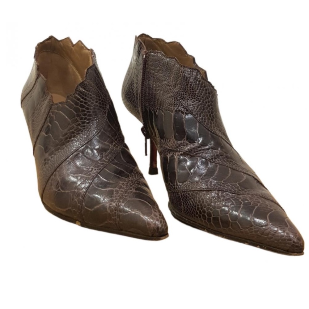 Christian Louboutin Brown Croc-Embossed Pointed Ankle Booties